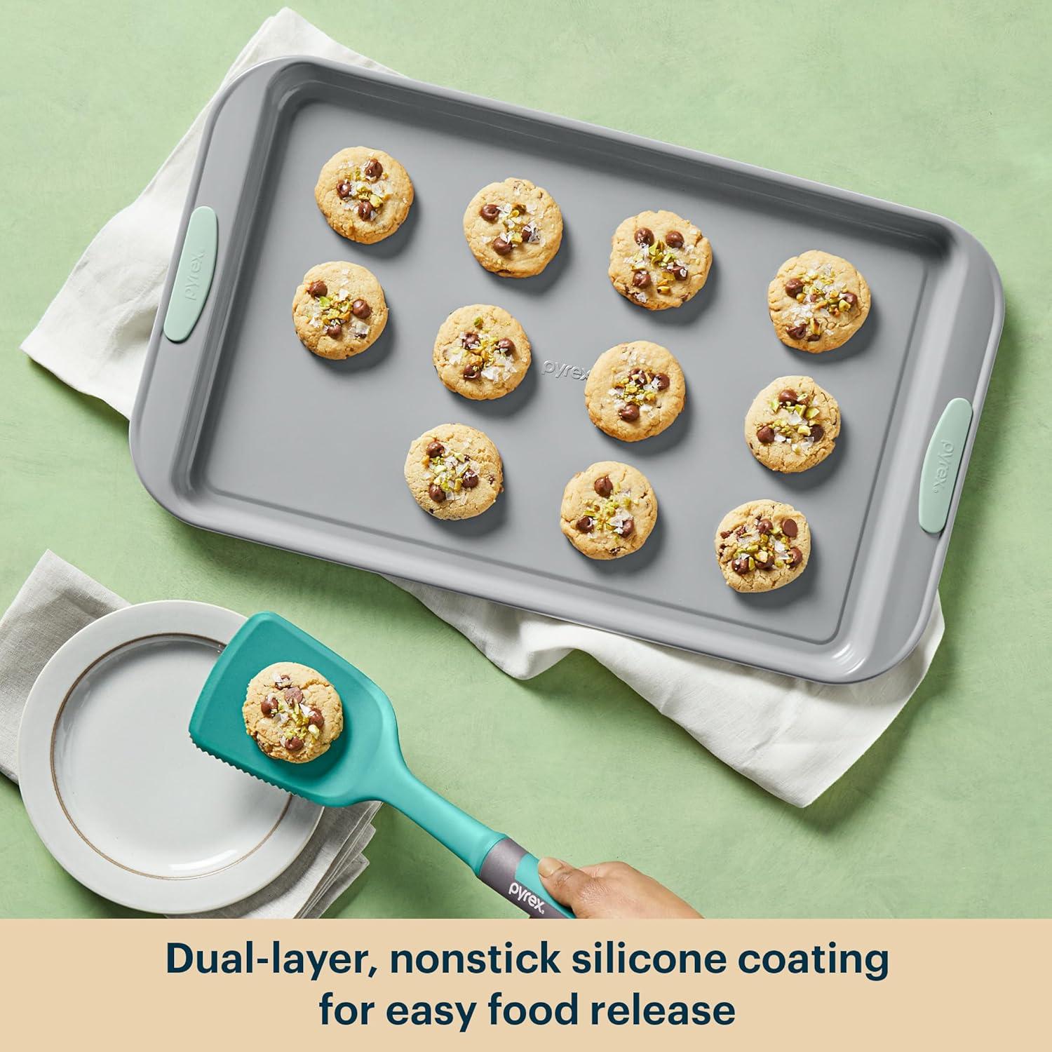image:imagePyrex 8Piece Metal Bakeware Set Lightweight Stainless Steel Baking Trays with Heatsafe Silicone Handles Cookie amp Muffin Sheets RoundSquare Baking Pans SageSage