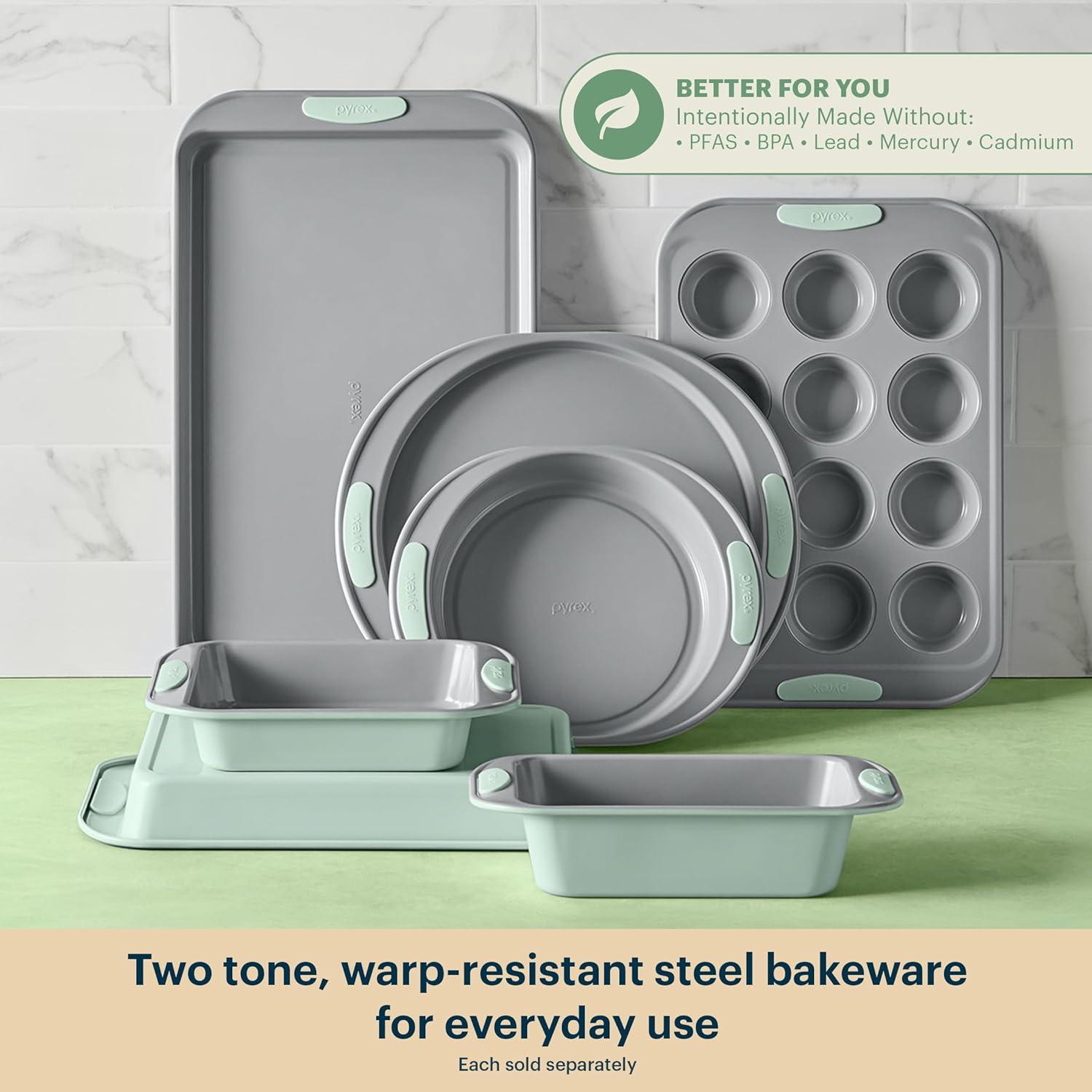 image:imagePyrex 8Piece Metal Bakeware Set Lightweight Stainless Steel Baking Trays with Heatsafe Silicone Handles Cookie amp Muffin Sheets RoundSquare Baking Pans SageSage