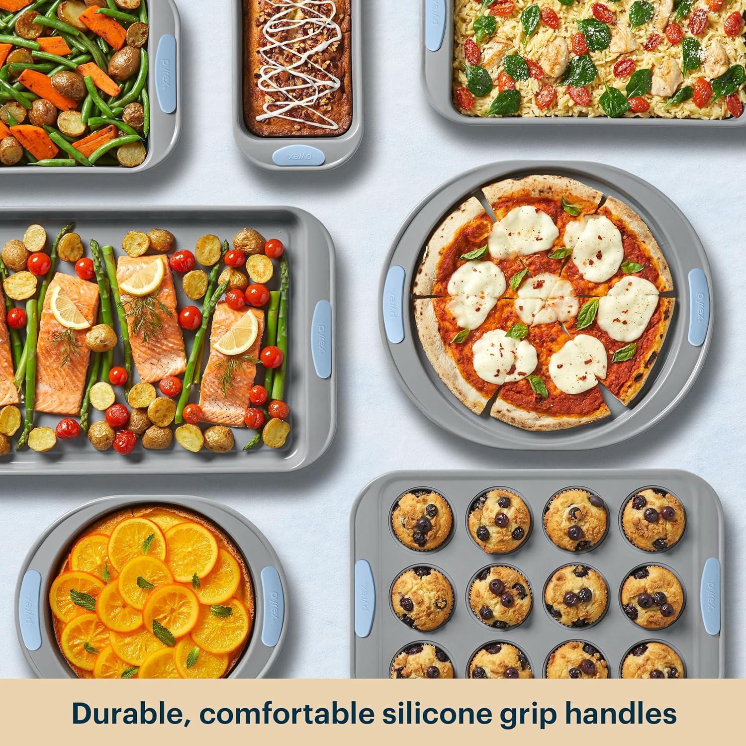 image:imagePyrex 8Piece Metal Bakeware Set Lightweight Stainless Steel Baking Trays with Heatsafe Silicone Handles Cookie amp Muffin Sheets RoundSquare Baking Pans SageCerulean