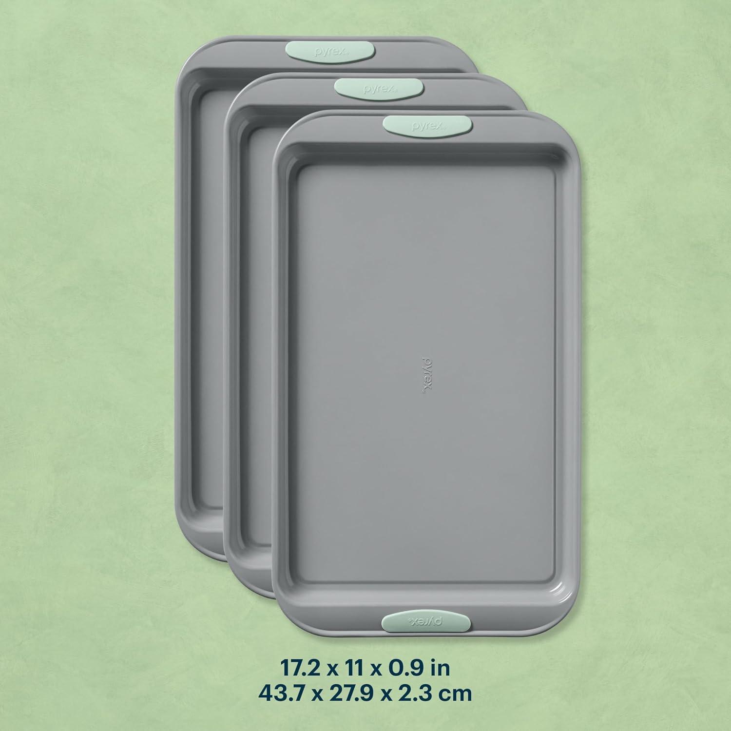 image:imagePyrex 8Piece Metal Bakeware Set Lightweight Stainless Steel Baking Trays with Heatsafe Silicone Handles Cookie amp Muffin Sheets RoundSquare Baking Pans SageSage