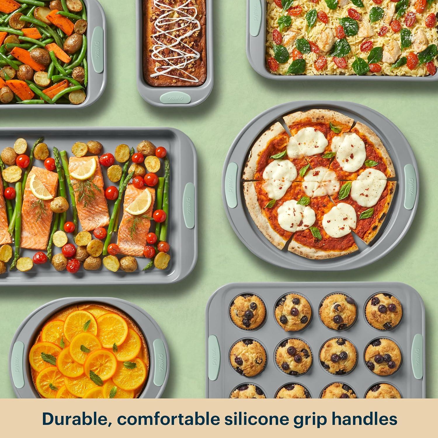 image:imagePyrex 8Piece Metal Bakeware Set Lightweight Stainless Steel Baking Trays with Heatsafe Silicone Handles Cookie amp Muffin Sheets RoundSquare Baking Pans SageSage
