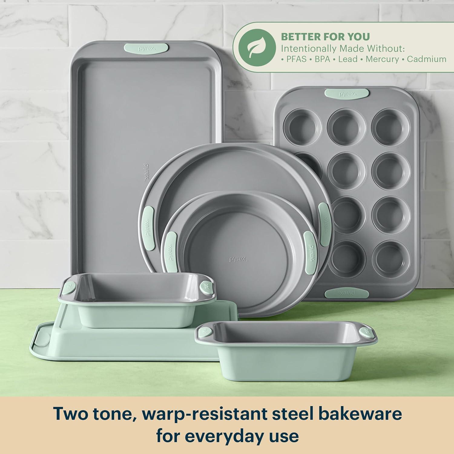 image:imagePyrex 8Piece Metal Bakeware Set Lightweight Stainless Steel Baking Trays with Heatsafe Silicone Handles Cookie amp Muffin Sheets RoundSquare Baking Pans SageSage