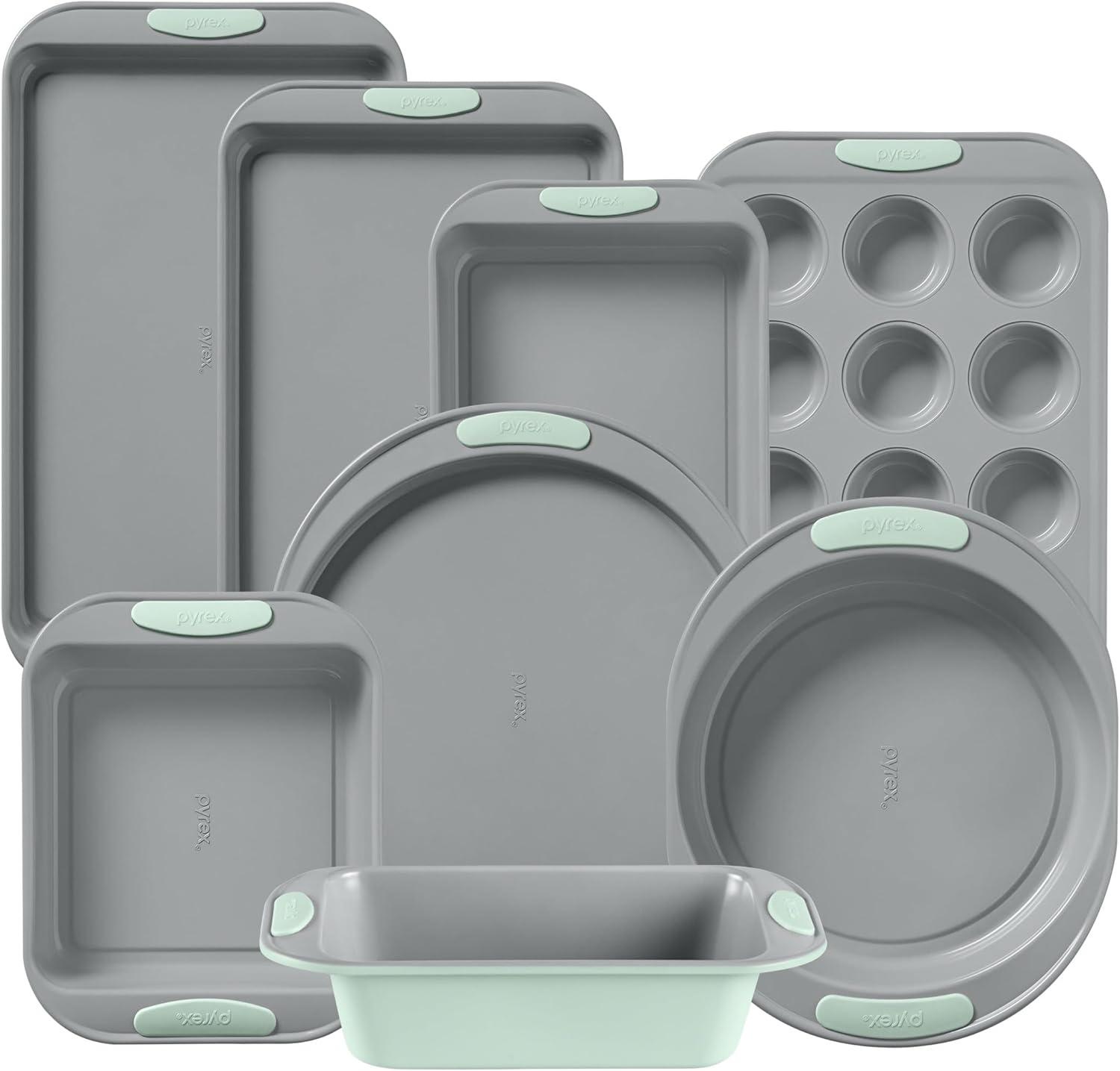 image:imagePyrex 8Piece Metal Bakeware Set Lightweight Stainless Steel Baking Trays with Heatsafe Silicone Handles Cookie amp Muffin Sheets RoundSquare Baking Pans SageSage