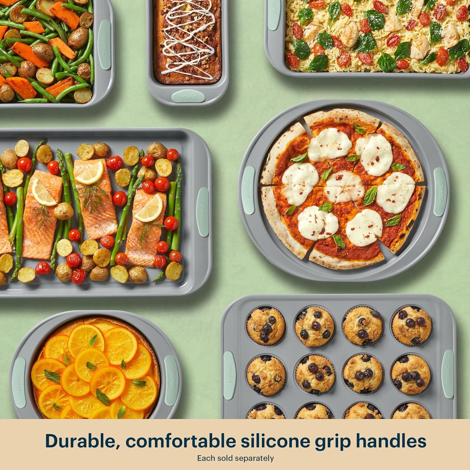 image:imagePyrex 8Piece Metal Bakeware Set Lightweight Stainless Steel Baking Trays with Heatsafe Silicone Handles Cookie amp Muffin Sheets RoundSquare Baking Pans SageSage