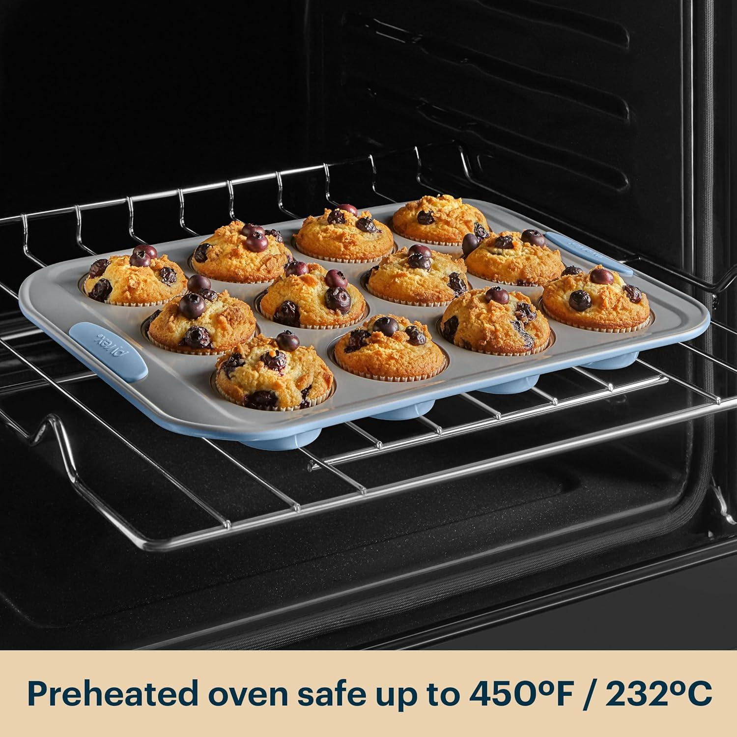 image:imagePyrex 8Piece Metal Bakeware Set Lightweight Stainless Steel Baking Trays with Heatsafe Silicone Handles Cookie amp Muffin Sheets RoundSquare Baking Pans SageCerulean