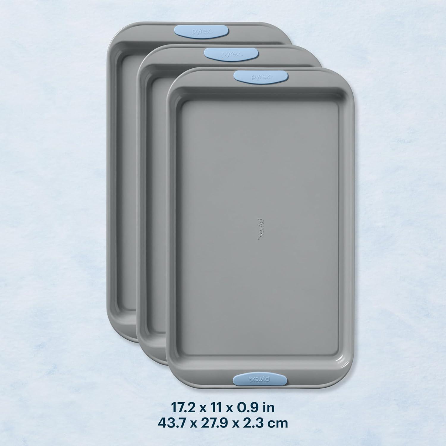 image:imagePyrex 8Piece Metal Bakeware Set Lightweight Stainless Steel Baking Trays with Heatsafe Silicone Handles Cookie amp Muffin Sheets RoundSquare Baking Pans SageCerulean