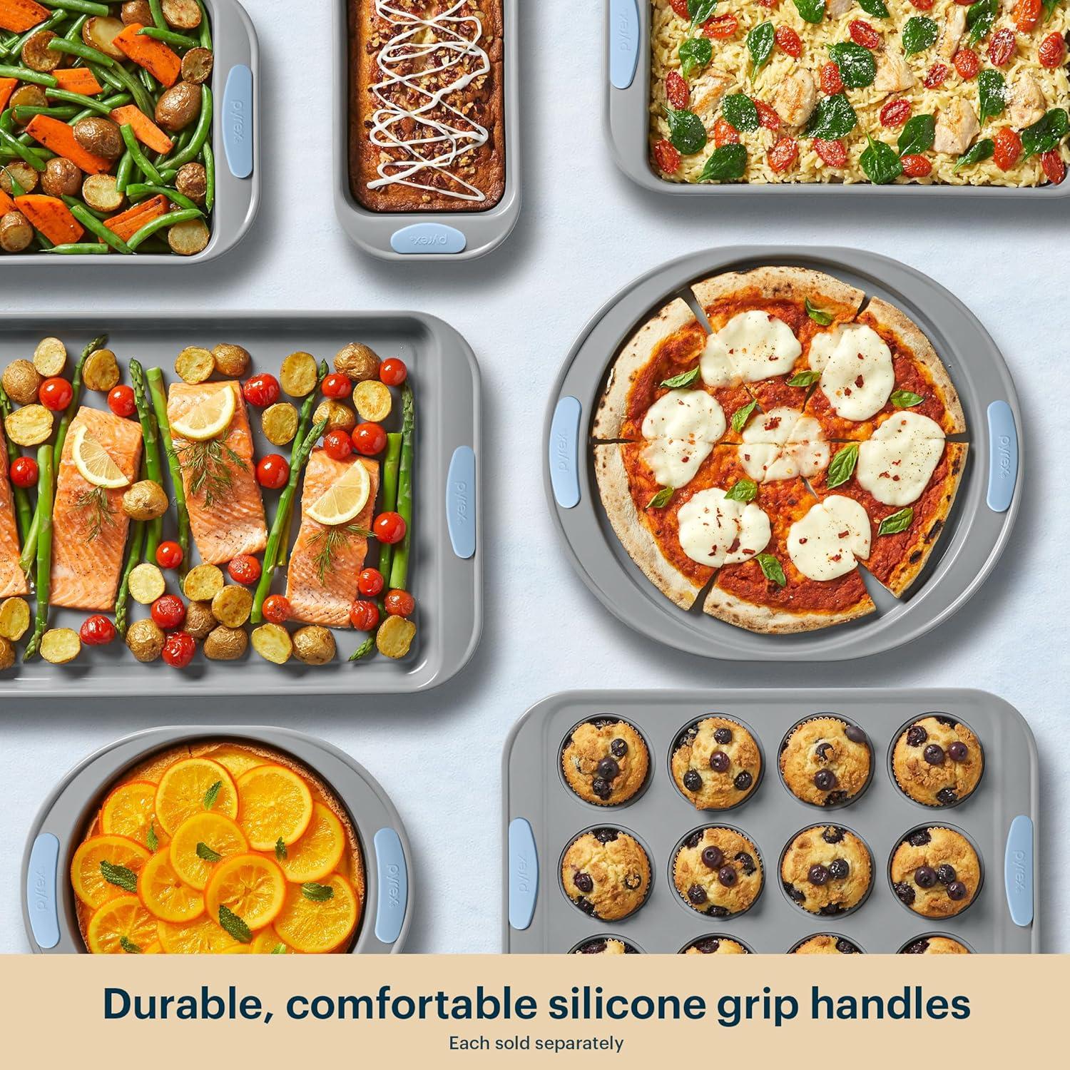 image:imagePyrex 8Piece Metal Bakeware Set Lightweight Stainless Steel Baking Trays with Heatsafe Silicone Handles Cookie amp Muffin Sheets RoundSquare Baking Pans SageCerulean