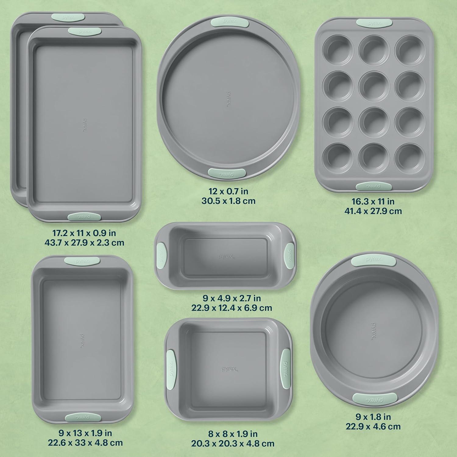 image:imagePyrex 8Piece Metal Bakeware Set Lightweight Stainless Steel Baking Trays with Heatsafe Silicone Handles Cookie amp Muffin Sheets RoundSquare Baking Pans SageSage