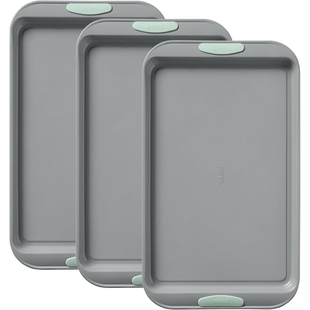 image:imagePyrex 8Piece Metal Bakeware Set Lightweight Stainless Steel Baking Trays with Heatsafe Silicone Handles Cookie amp Muffin Sheets RoundSquare Baking Pans SageSage