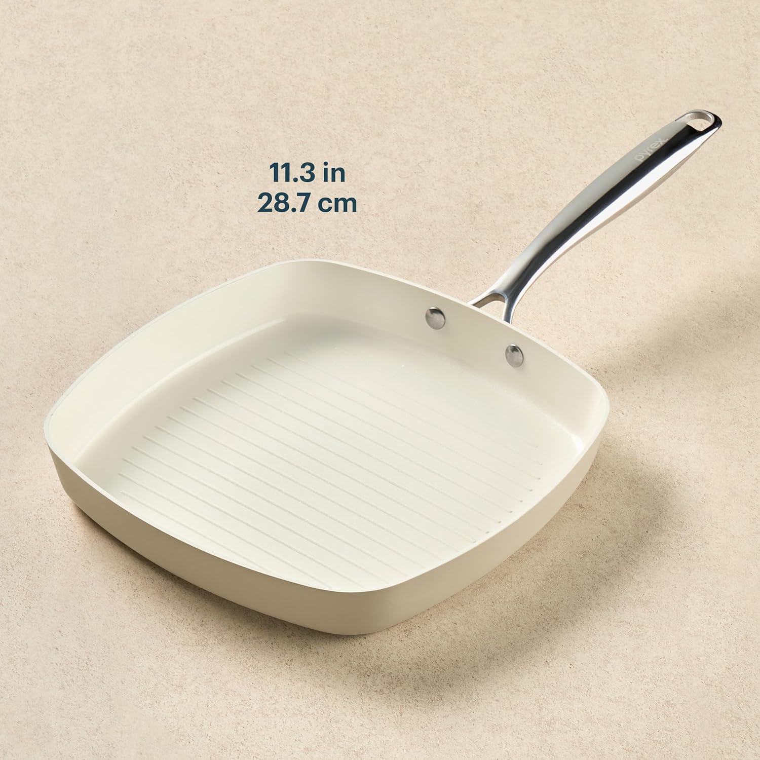 image:imagePyrex 10Inch Fry Pan Ceramic Cookware with Stainless Steel Handle Healthy Nonstick Ceramic Coating Induction Compatible Stainless Steel PFAS Lead Cadmium BPA FreeGrill Pan