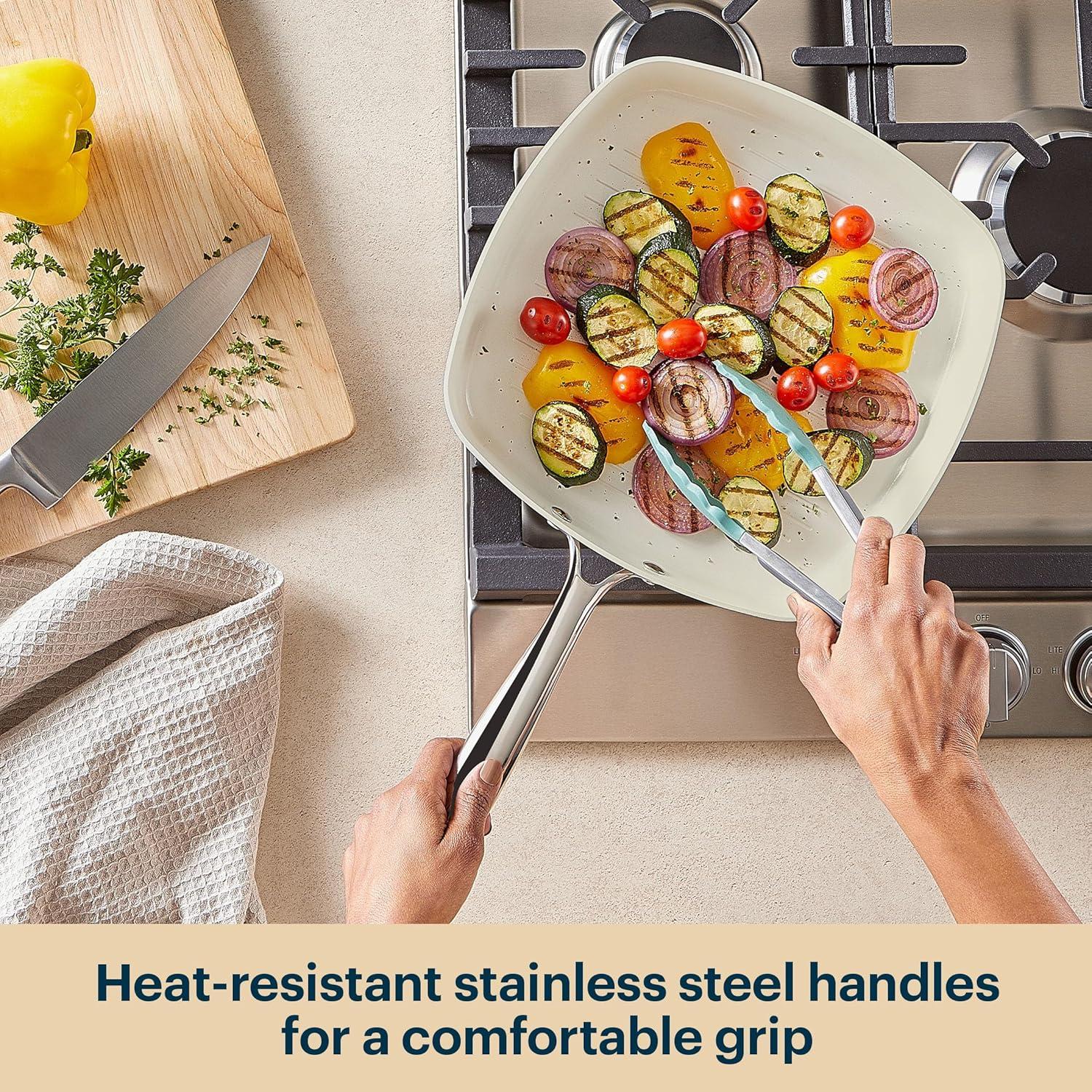 image:imagePyrex 10Inch Fry Pan Ceramic Cookware with Stainless Steel Handle Healthy Nonstick Ceramic Coating Induction Compatible Stainless Steel PFAS Lead Cadmium BPA FreeGrill Pan