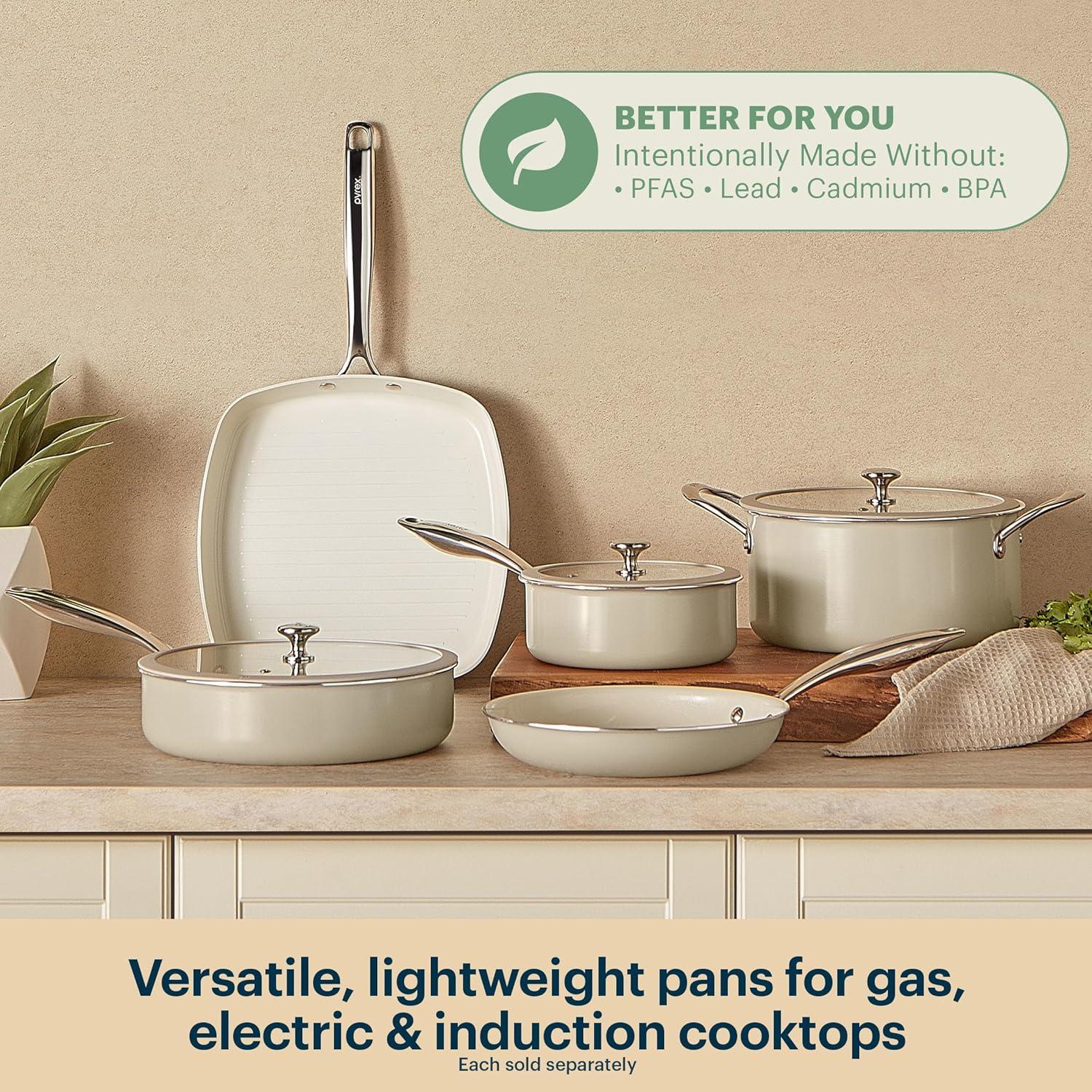 image:imagePyrex 10Inch Fry Pan Ceramic Cookware with Stainless Steel Handle Healthy Nonstick Ceramic Coating Induction Compatible Stainless Steel PFAS Lead Cadmium BPA FreeGrill Pan