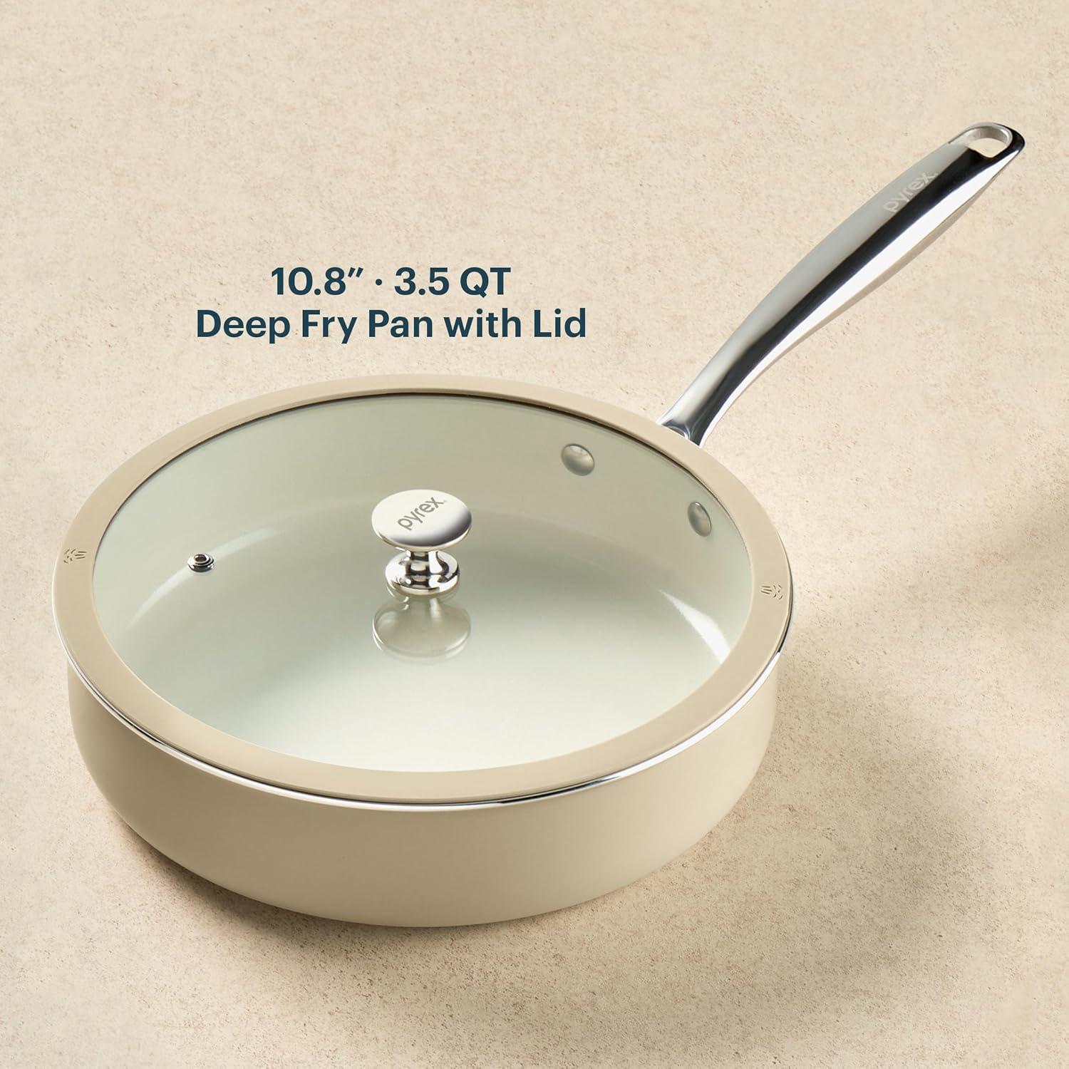 image:imagePyrex 10Inch Fry Pan Ceramic Cookware with Stainless Steel Handle Healthy Nonstick Ceramic Coating Induction Compatible Stainless Steel PFAS Lead Cadmium BPA FreeDeep Fry Pan