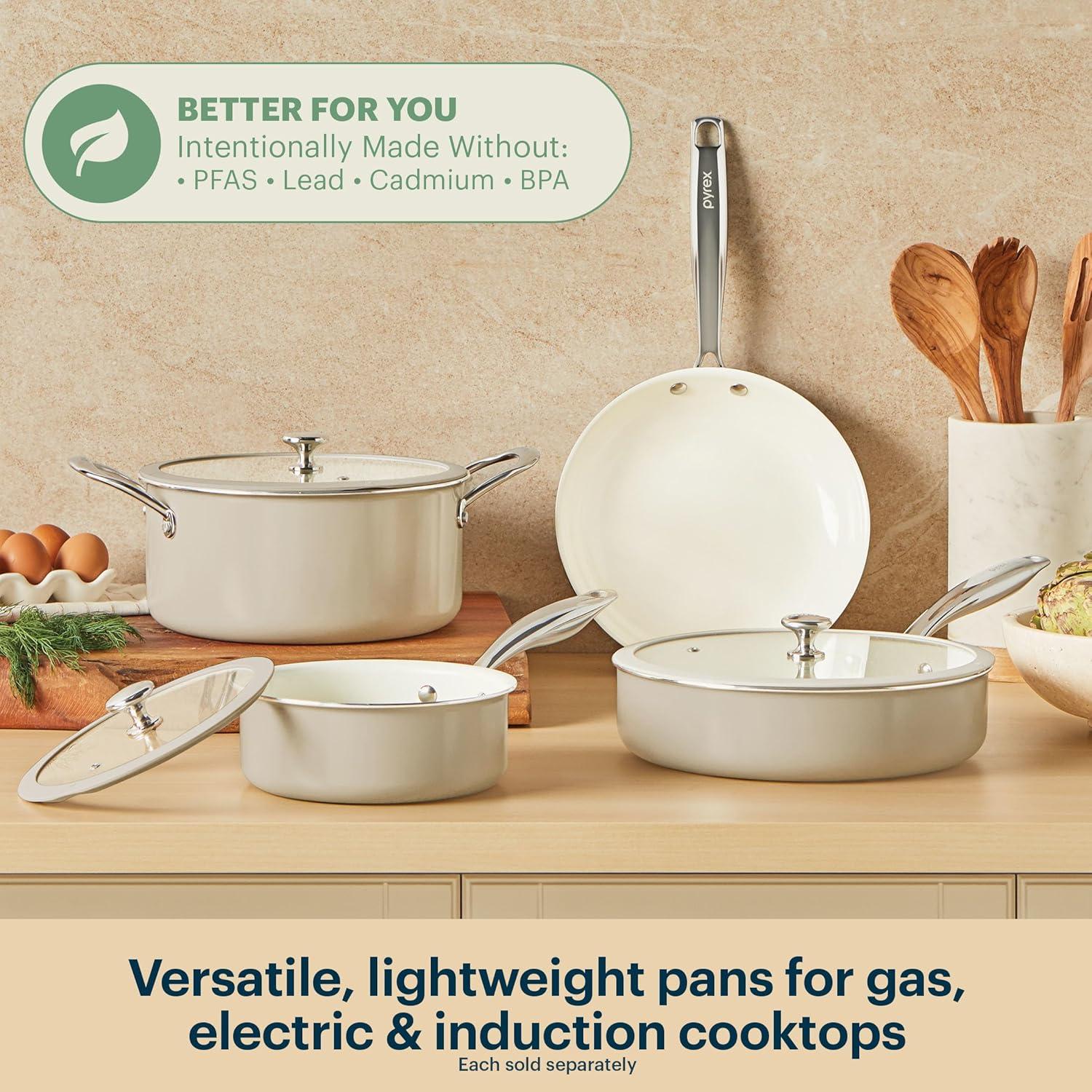 image:imagePyrex 10Inch Fry Pan Ceramic Cookware with Stainless Steel Handle Healthy Nonstick Ceramic Coating Induction Compatible Stainless Steel PFAS Lead Cadmium BPA FreeFry Pan