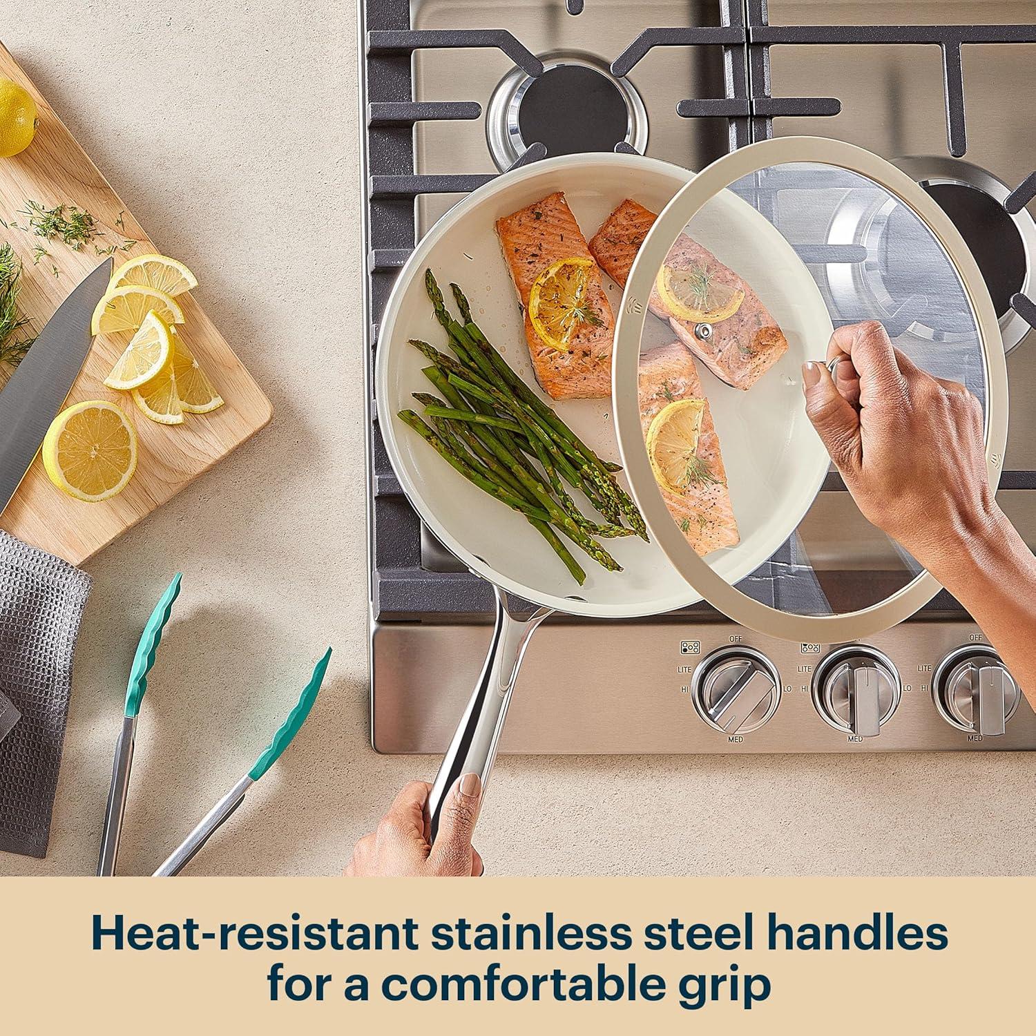 image:imagePyrex 10Inch Fry Pan Ceramic Cookware with Stainless Steel Handle Healthy Nonstick Ceramic Coating Induction Compatible Stainless Steel PFAS Lead Cadmium BPA FreeDeep Fry Pan