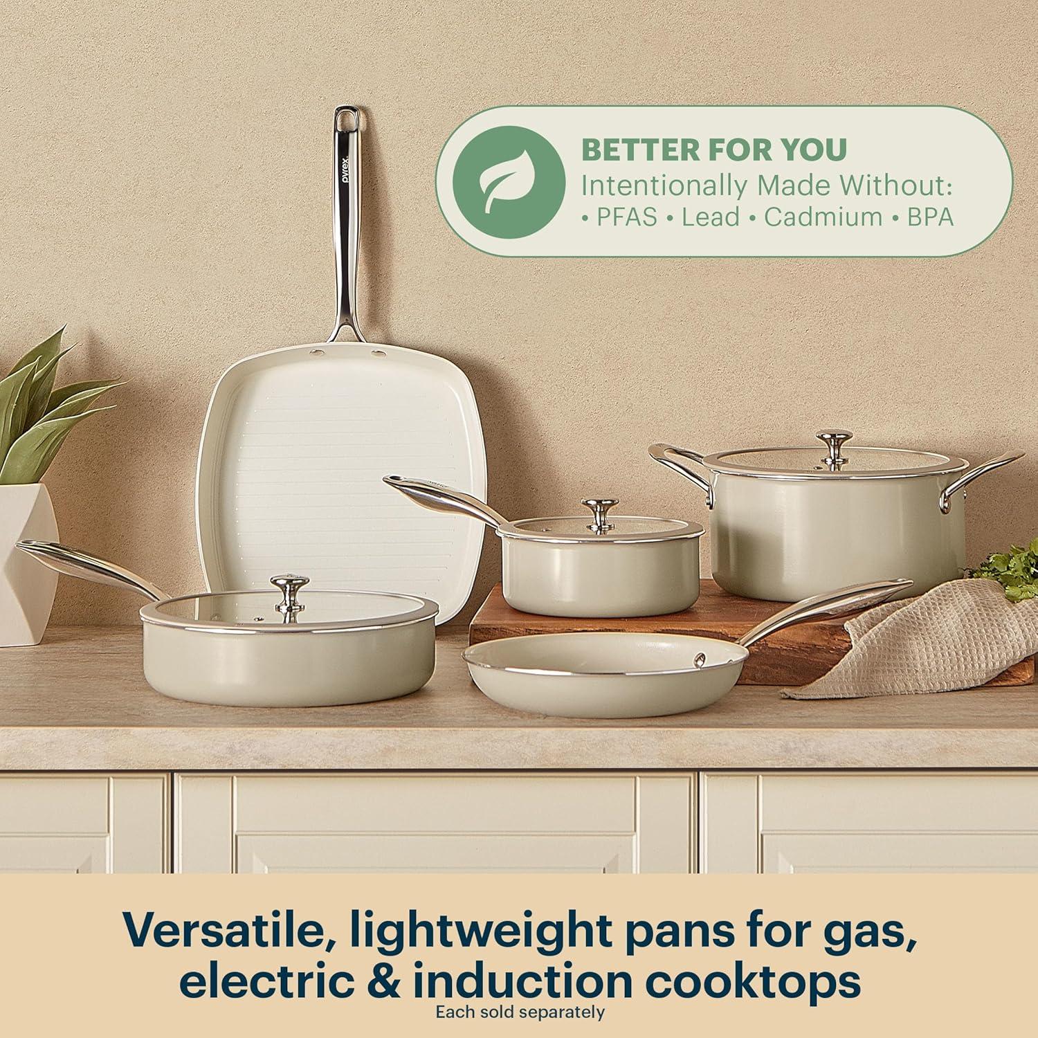 image:imagePyrex 10Inch Fry Pan Ceramic Cookware with Stainless Steel Handle Healthy Nonstick Ceramic Coating Induction Compatible Stainless Steel PFAS Lead Cadmium BPA FreeSaucepan