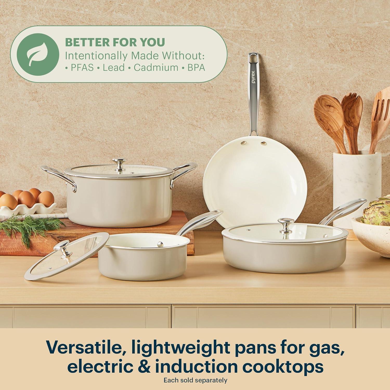 image:imagePyrex 7Piece Ceramic Cookware Set Pots and Pans with Lids amp Stainless Steel Handles Healthy Nonstick Ceramic Coating Induction Compatible Stainless Steel PFAS Lead Cadmium BPA Free3 Piece