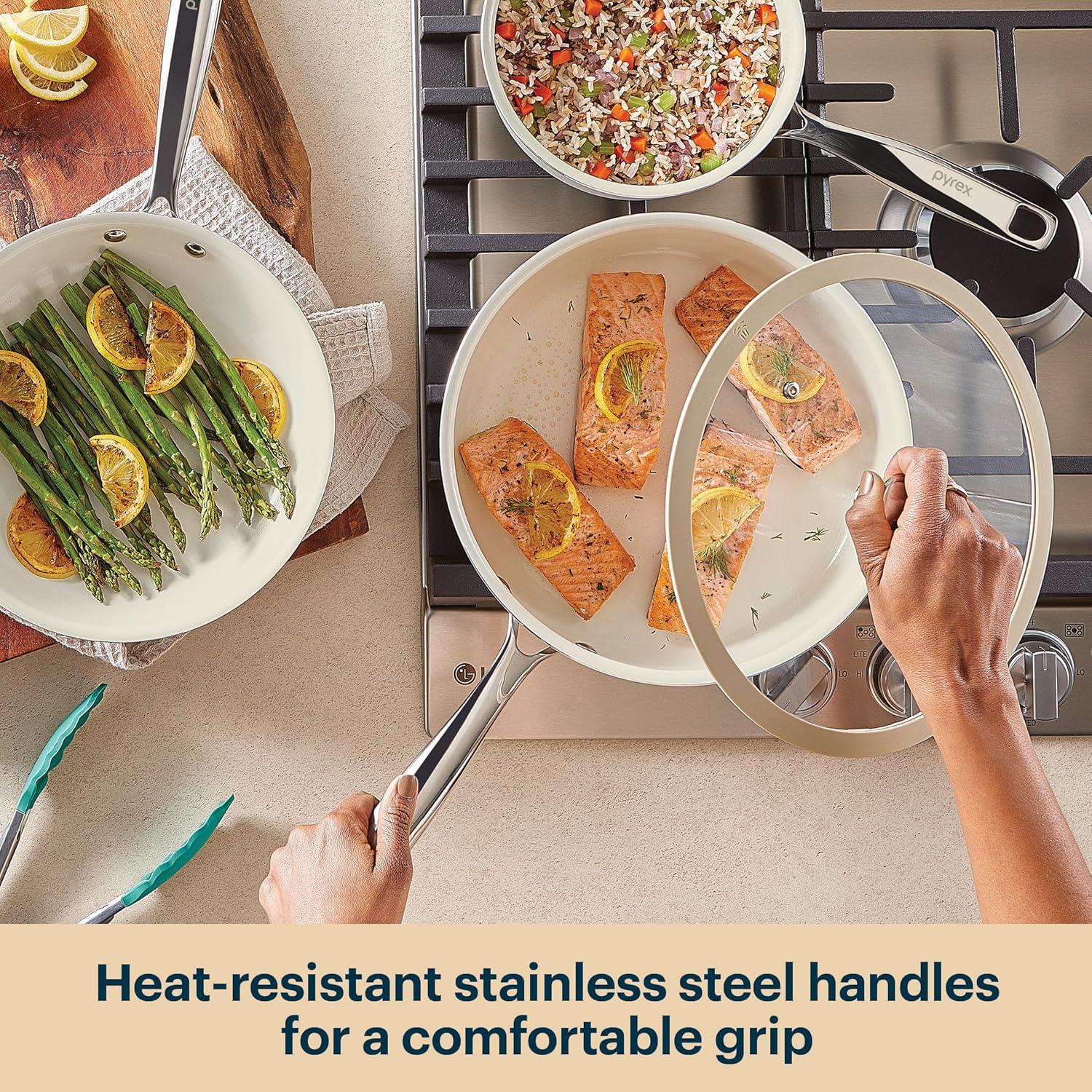 image:imagePyrex 7Piece Ceramic Cookware Set Pots and Pans with Lids amp Stainless Steel Handles Healthy Nonstick Ceramic Coating Induction Compatible Stainless Steel PFAS Lead Cadmium BPA Free8 Piece