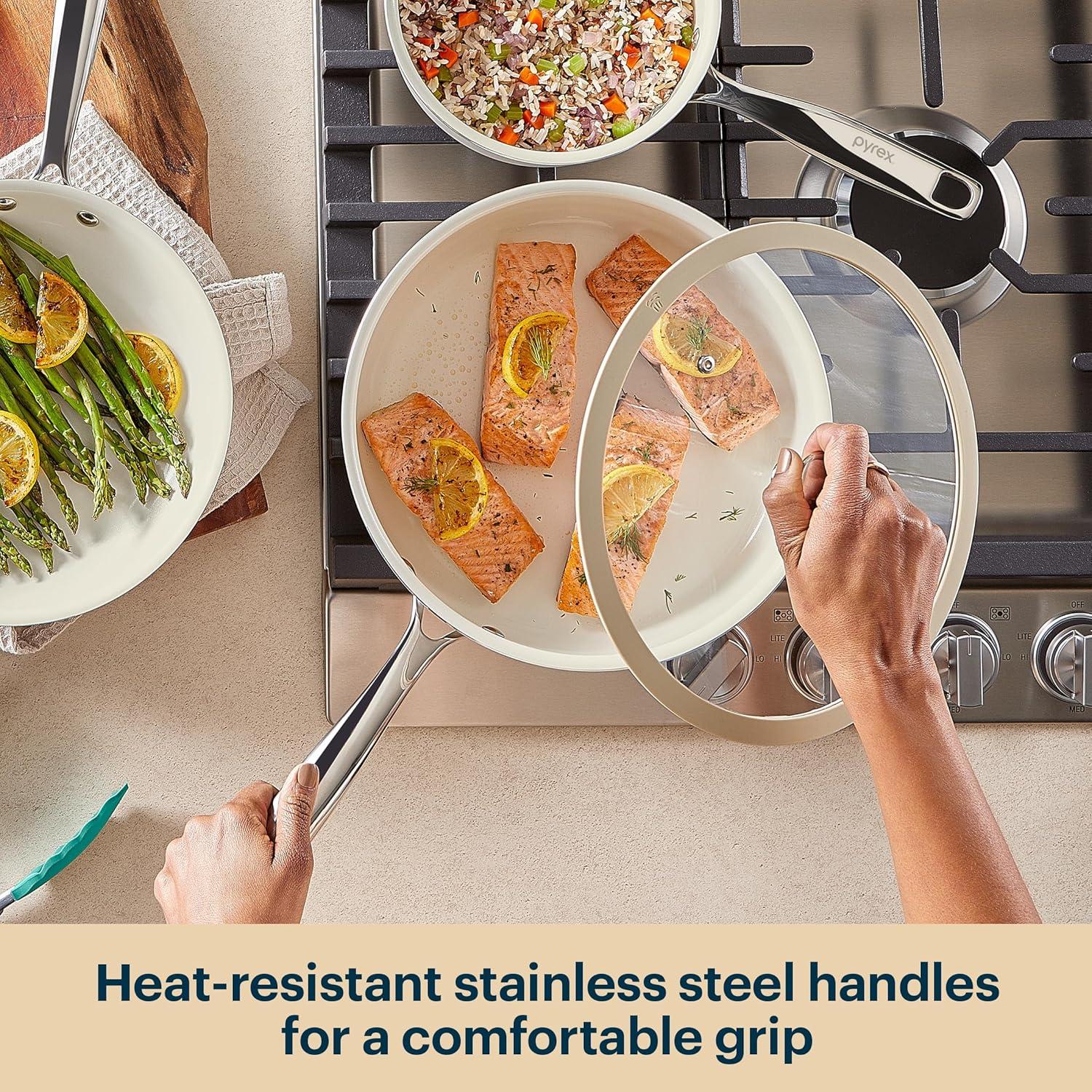 image:imagePyrex 7Piece Ceramic Cookware Set Pots and Pans with Lids amp Stainless Steel Handles Healthy Nonstick Ceramic Coating Induction Compatible Stainless Steel PFAS Lead Cadmium BPA Free7 Piece