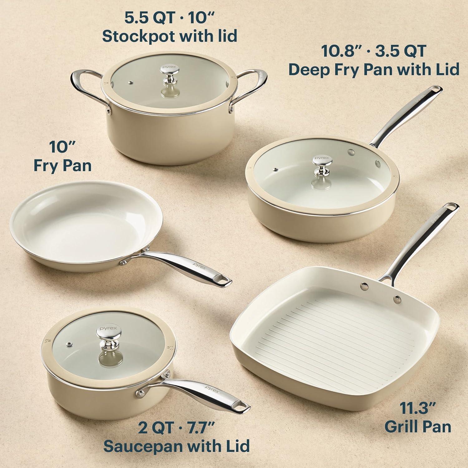 image:imagePyrex 7Piece Ceramic Cookware Set Pots and Pans with Lids amp Stainless Steel Handles Healthy Nonstick Ceramic Coating Induction Compatible Stainless Steel PFAS Lead Cadmium BPA Free8 Piece