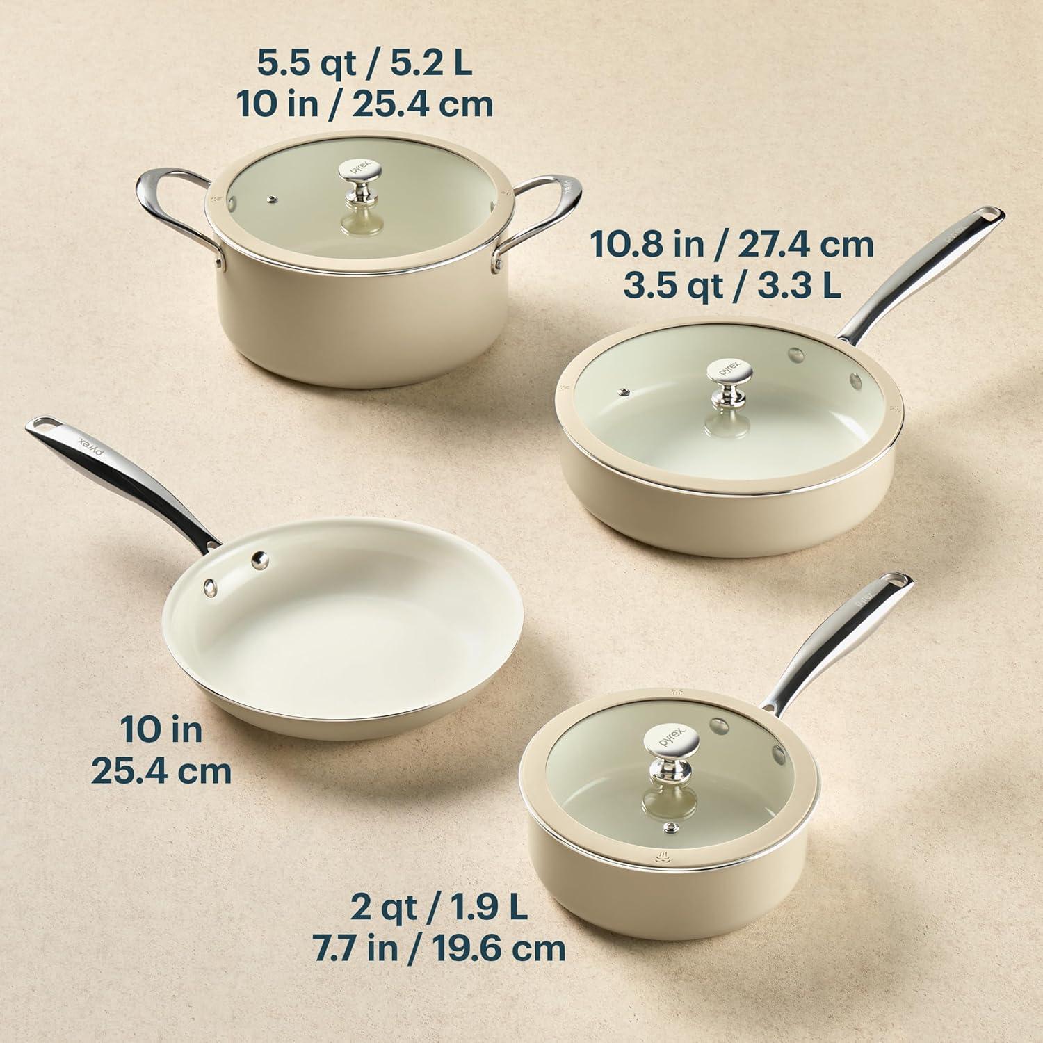 image:imagePyrex 7Piece Ceramic Cookware Set Pots and Pans with Lids amp Stainless Steel Handles Healthy Nonstick Ceramic Coating Induction Compatible Stainless Steel PFAS Lead Cadmium BPA Free7 Piece