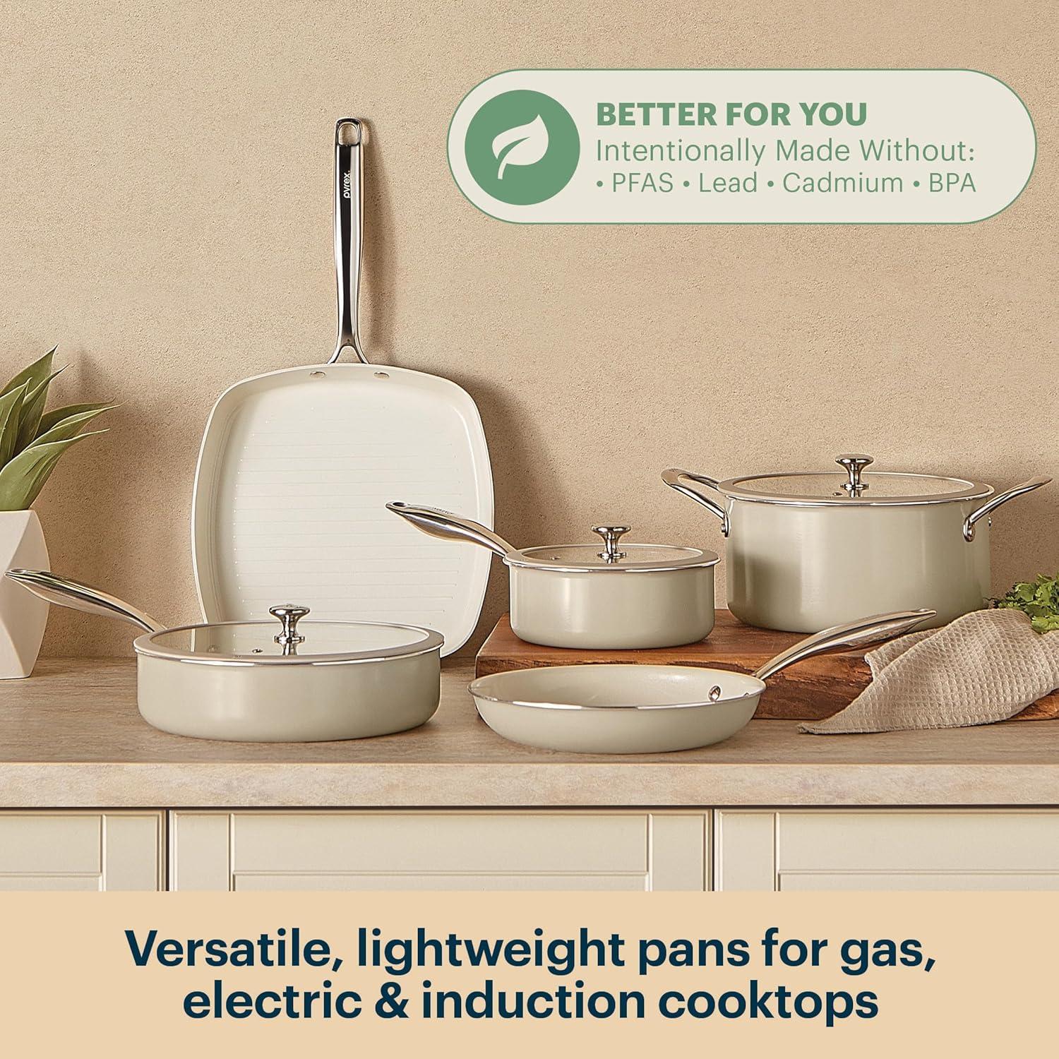 image:imagePyrex 7Piece Ceramic Cookware Set Pots and Pans with Lids amp Stainless Steel Handles Healthy Nonstick Ceramic Coating Induction Compatible Stainless Steel PFAS Lead Cadmium BPA Free8 Piece