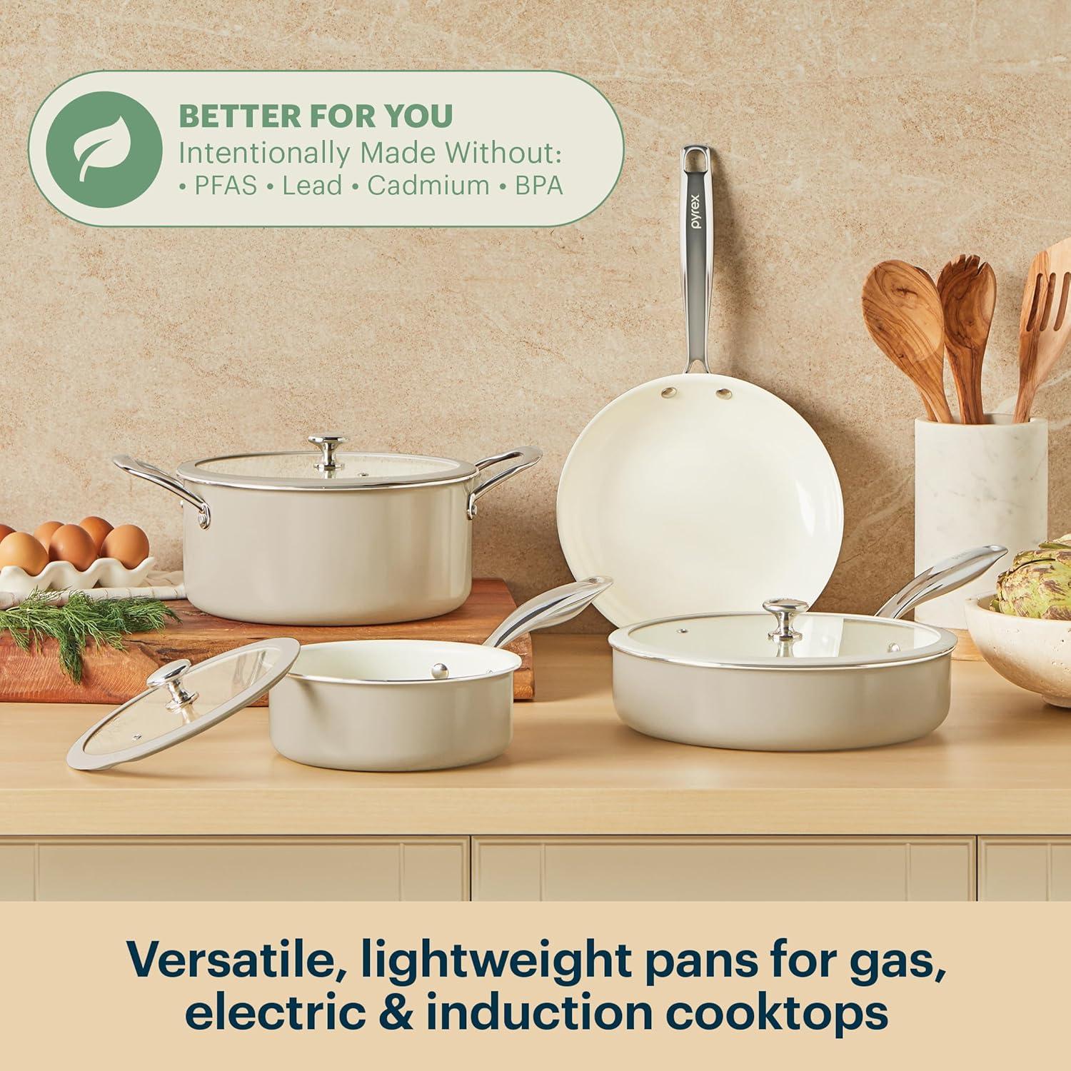 image:imagePyrex 7Piece Ceramic Cookware Set Pots and Pans with Lids amp Stainless Steel Handles Healthy Nonstick Ceramic Coating Induction Compatible Stainless Steel PFAS Lead Cadmium BPA Free7 Piece