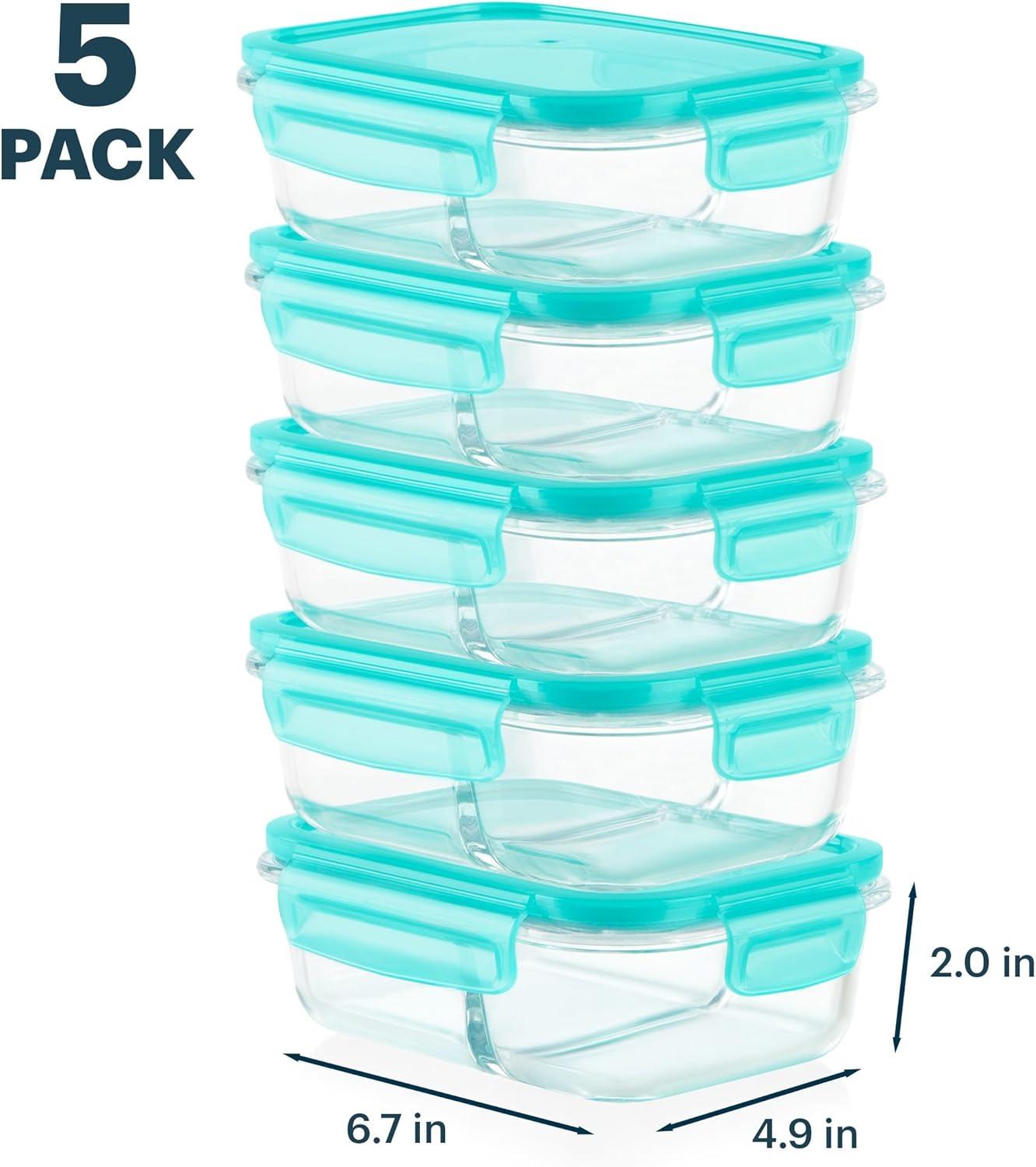 image:imagePyrex Glass MealBox 5Pack 4 Cup Divided Compartments with Locking Lids For Meal Prepping and Portioning BPA Free Microwave Dishwasher Safe23 Cup