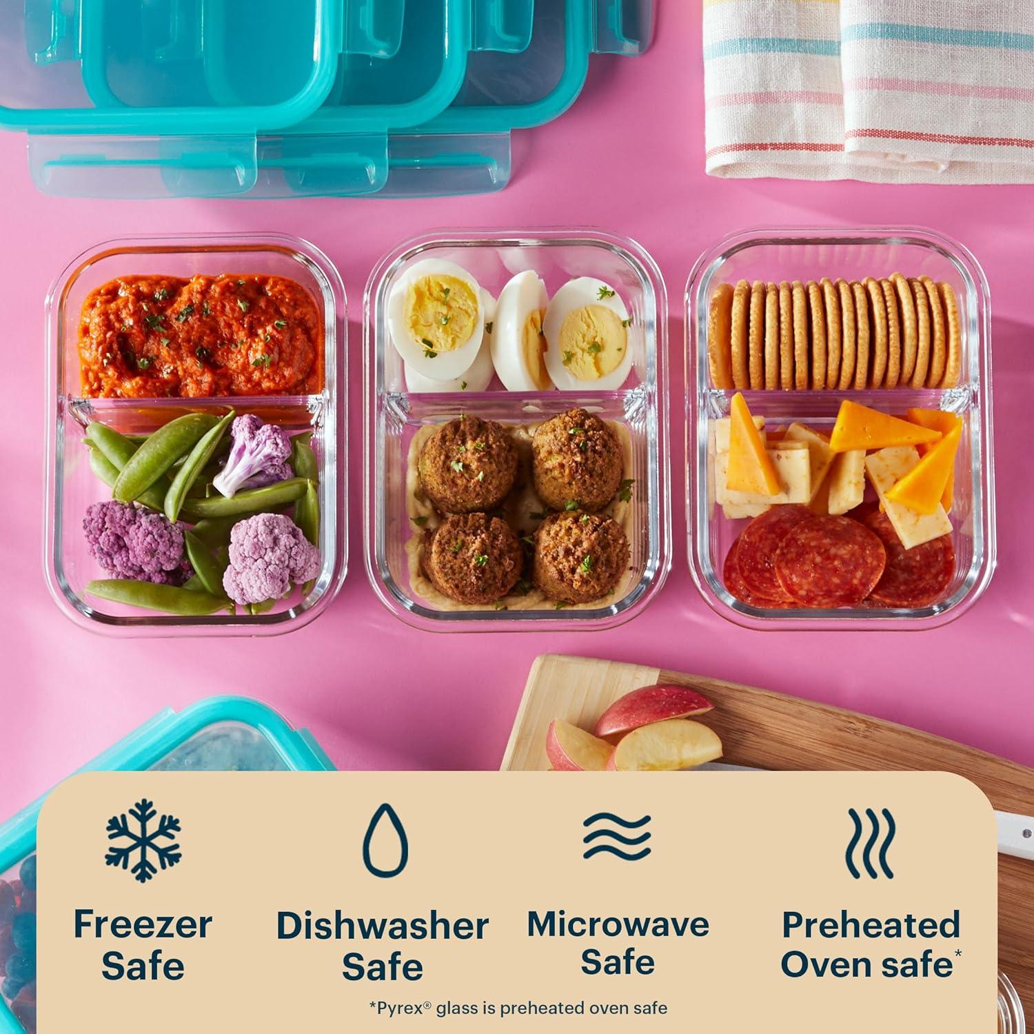 image:imagePyrex Glass MealBox 5Pack 4 Cup Divided Compartments with Locking Lids For Meal Prepping and Portioning BPA Free Microwave Dishwasher Safe23 Cup