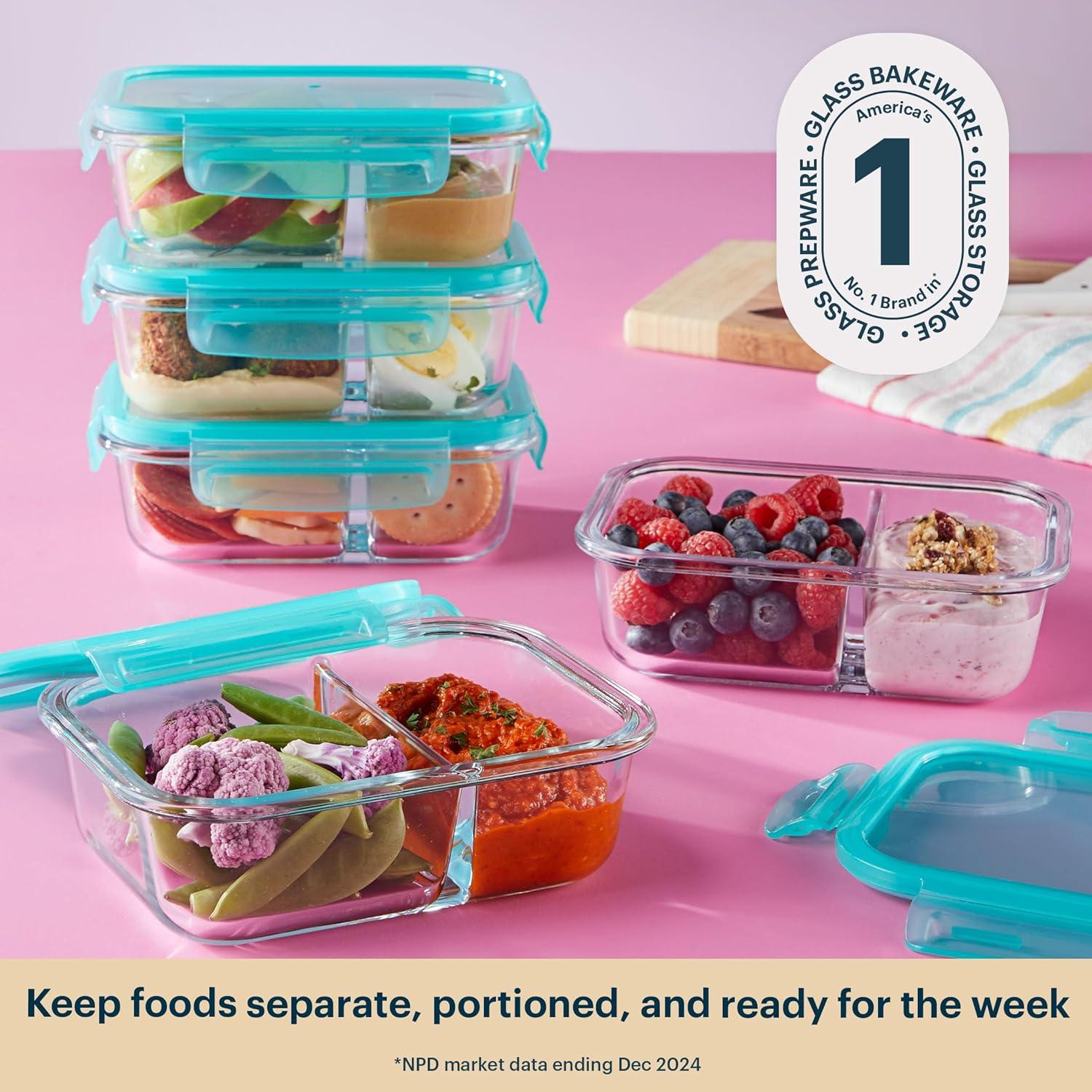 image:imagePyrex Glass MealBox 5Pack 4 Cup Divided Compartments with Locking Lids For Meal Prepping and Portioning BPA Free Microwave Dishwasher Safe23 Cup