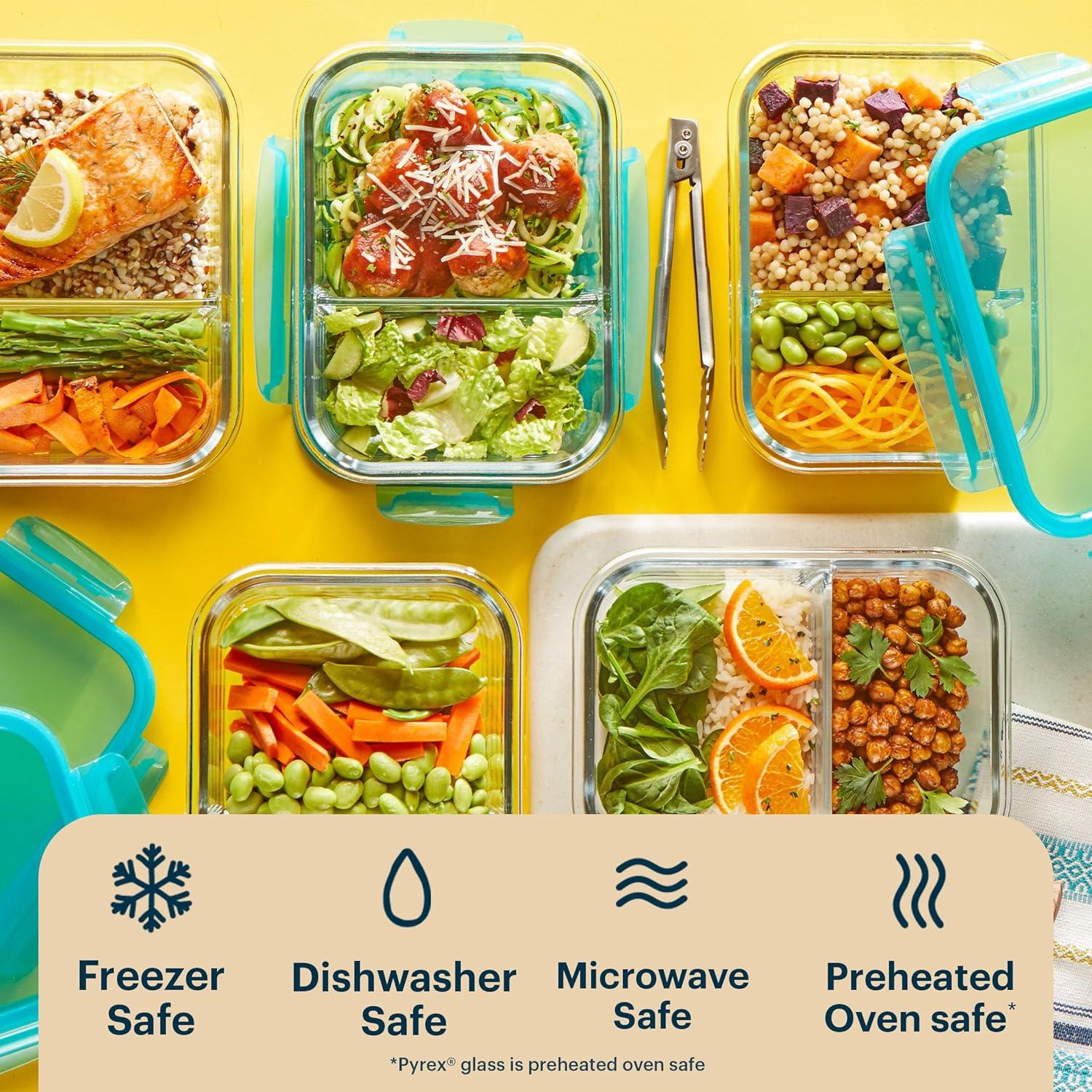 image:imagePyrex Glass MealBox 5Pack 4 Cup Divided Compartments with Locking Lids For Meal Prepping and Portioning BPA Free Microwave Dishwasher Safe4 Cup