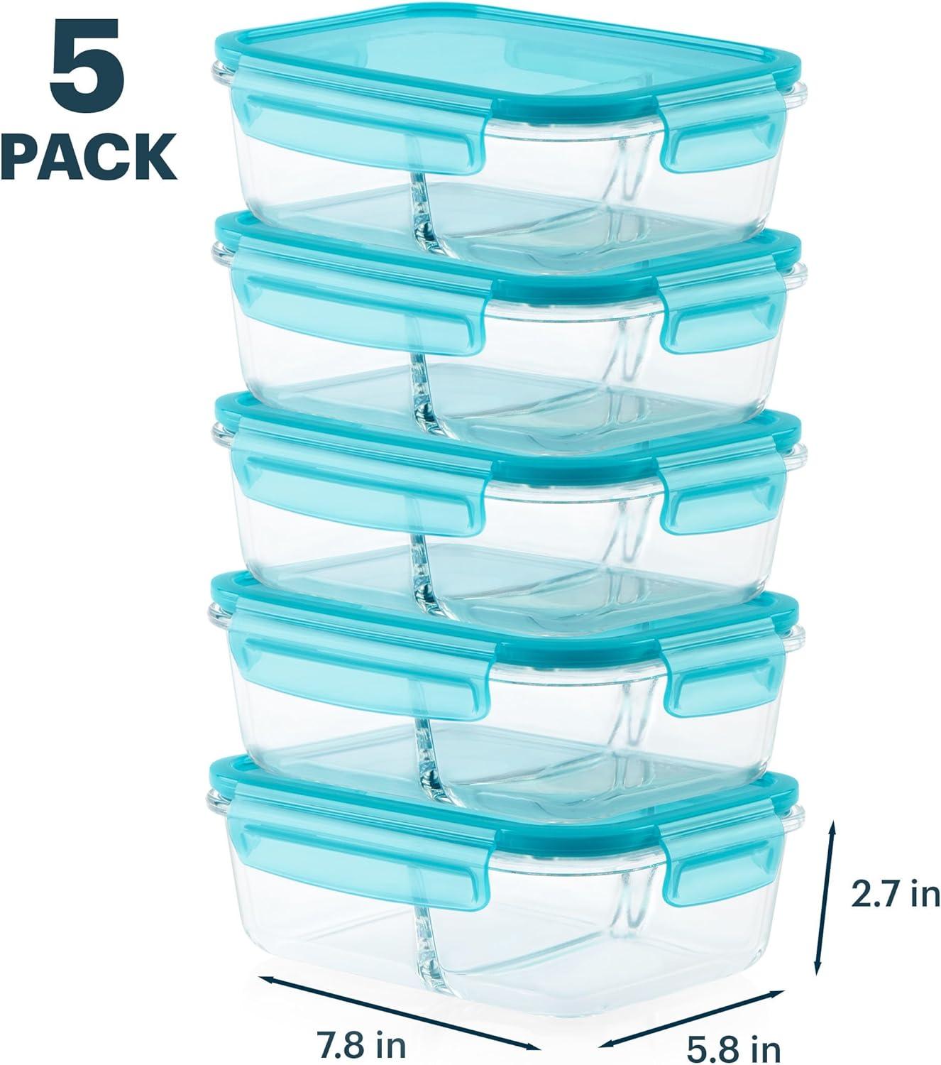 image:imagePyrex Glass MealBox 5Pack 4 Cup Divided Compartments with Locking Lids For Meal Prepping and Portioning BPA Free Microwave Dishwasher Safe4 Cup