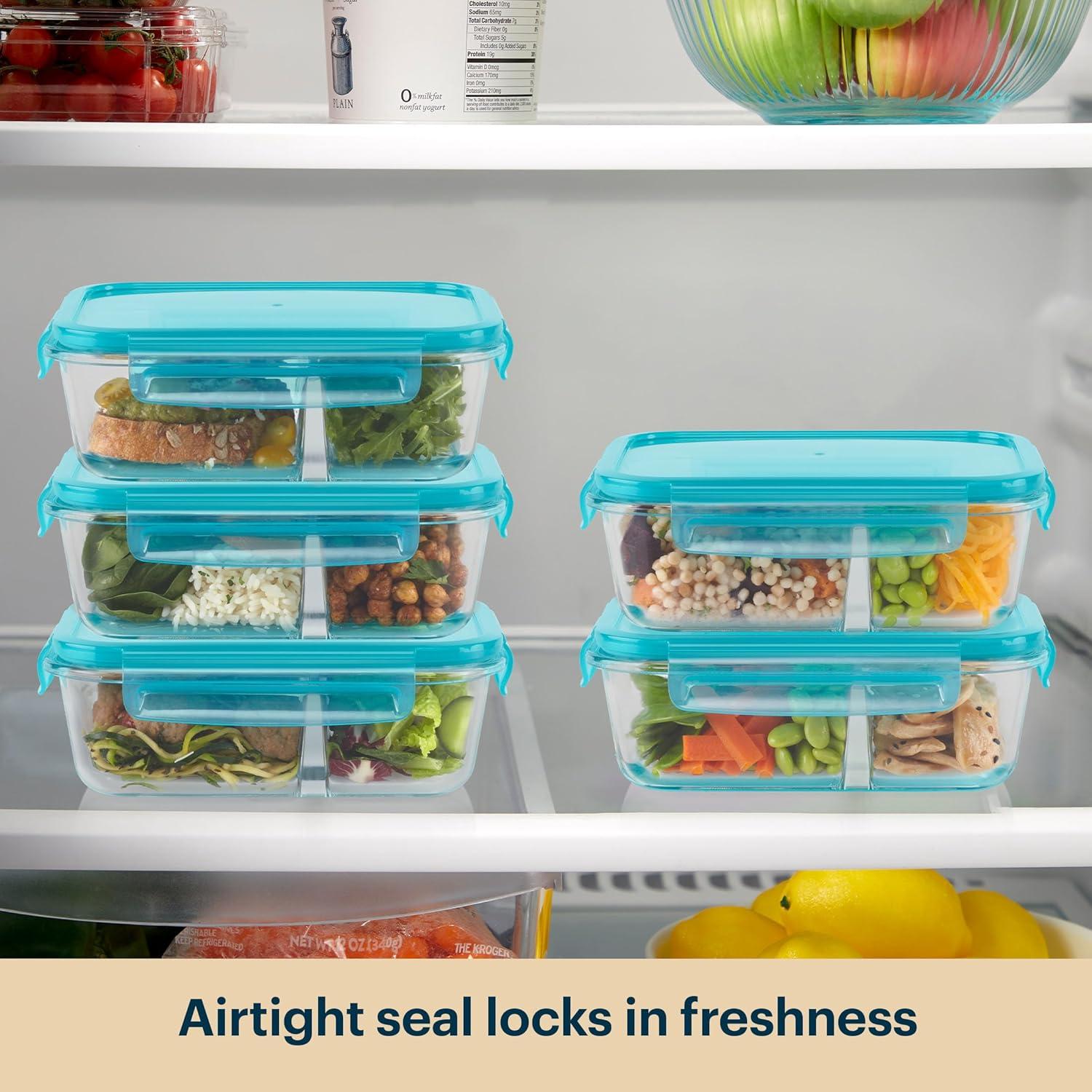 image:imagePyrex Glass MealBox 5Pack 4 Cup Divided Compartments with Locking Lids For Meal Prepping and Portioning BPA Free Microwave Dishwasher Safe4 Cup