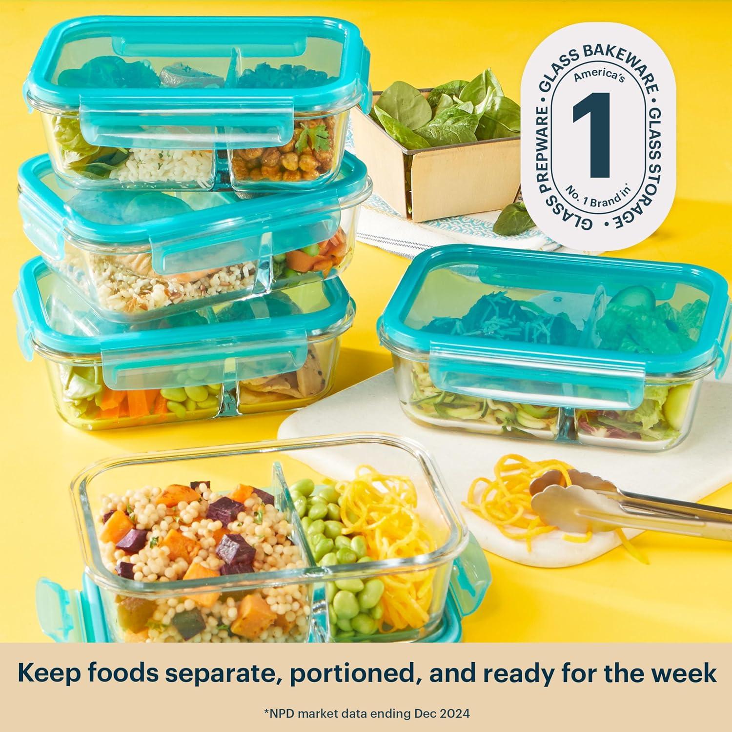 image:imagePyrex Glass MealBox 5Pack 4 Cup Divided Compartments with Locking Lids For Meal Prepping and Portioning BPA Free Microwave Dishwasher Safe4 Cup