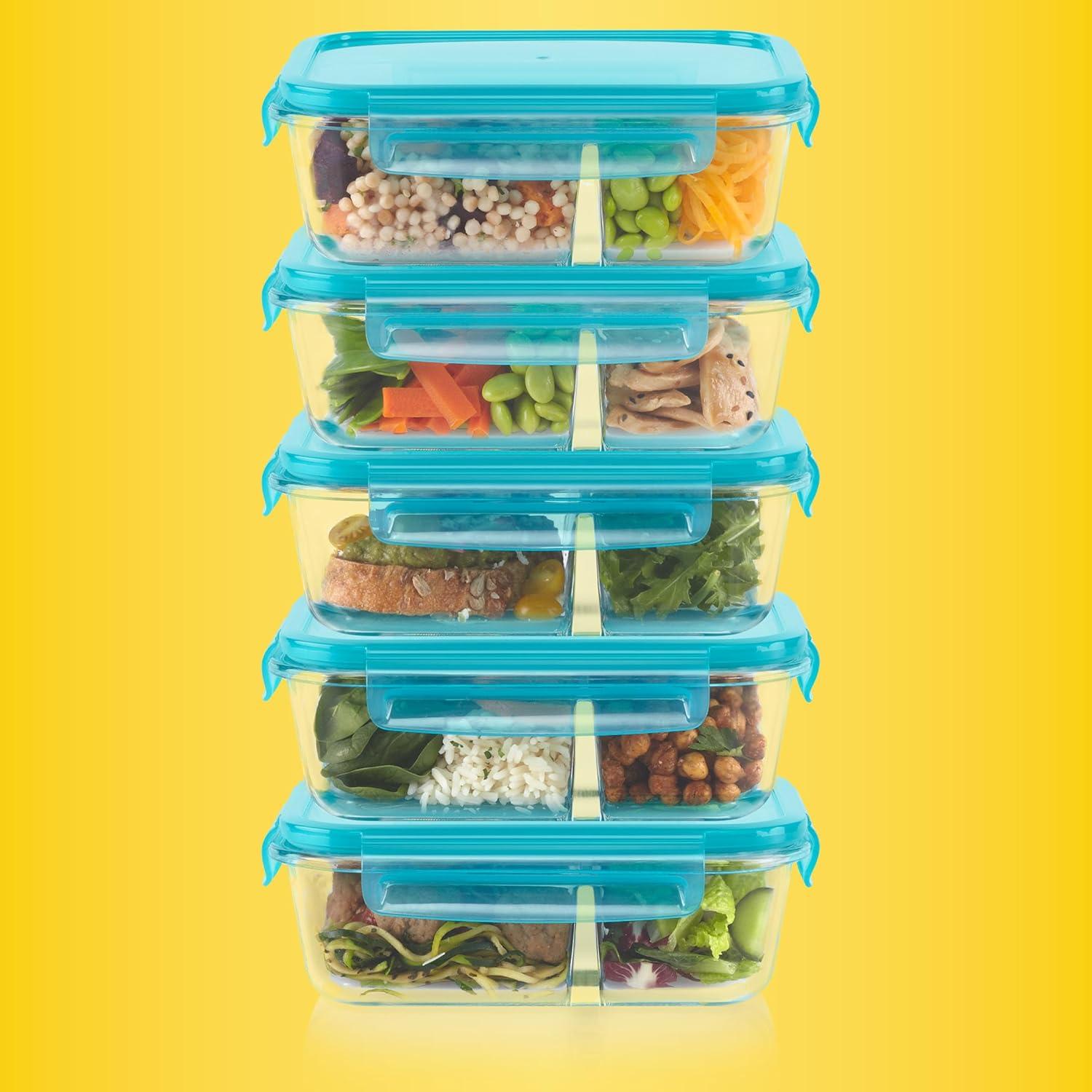 image:imagePyrex Glass MealBox 5Pack 4 Cup Divided Compartments with Locking Lids For Meal Prepping and Portioning BPA Free Microwave Dishwasher Safe4 Cup