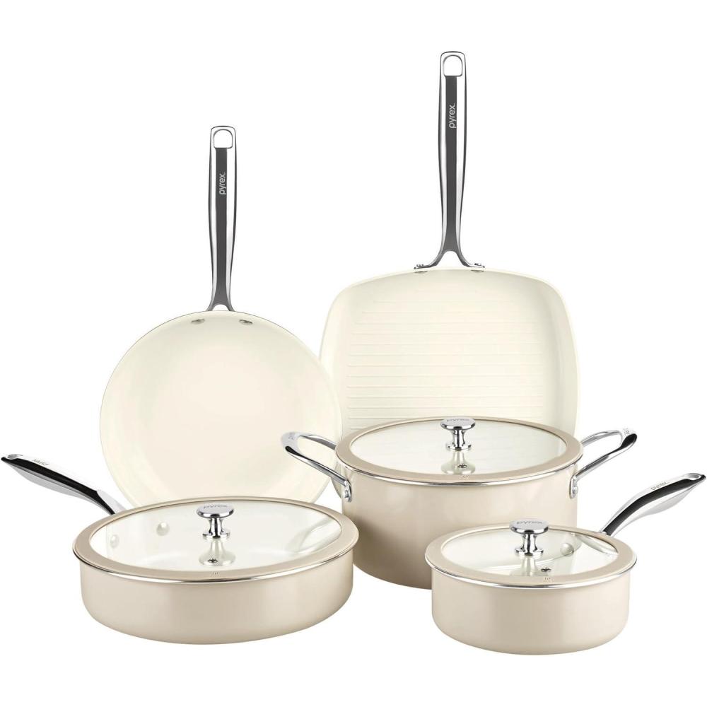 image:imagePyrex 7Piece Ceramic Cookware Set Pots and Pans with Lids amp Stainless Steel Handles Healthy Nonstick Ceramic Coating Induction Compatible Stainless Steel PFAS Lead Cadmium BPA Free8 Piece
