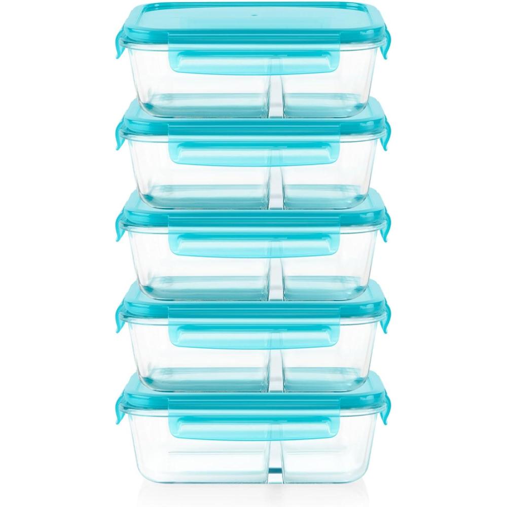 image:imagePyrex Glass MealBox 5Pack 4 Cup Divided Compartments with Locking Lids For Meal Prepping and Portioning BPA Free Microwave Dishwasher Safe4 Cup