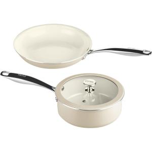 Pyrex 7-Piece Ceramic Cookware Set, Pots and Pans with Lids & Stainless Steel Handles, Healthy Nonstick Ceramic Coating, Induction Compatible Stainless Steel, PFAS Lead Cadmium BPA Free(3 Piece)