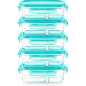 Pyrex Glass MealBox (5-Pack, 4 Cup) Divided Compartments with Locking Lids, For Meal Prepping and Portioning, BPA Free Microwave Dishwasher Safe(2.3 Cup)