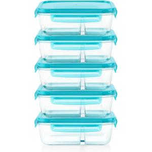 Pyrex Glass MealBox (5-Pack, 4 Cup) Divided Compartments with Locking Lids, For Meal Prepping and Portioning, BPA Free Microwave Dishwasher Safe(4 Cup)